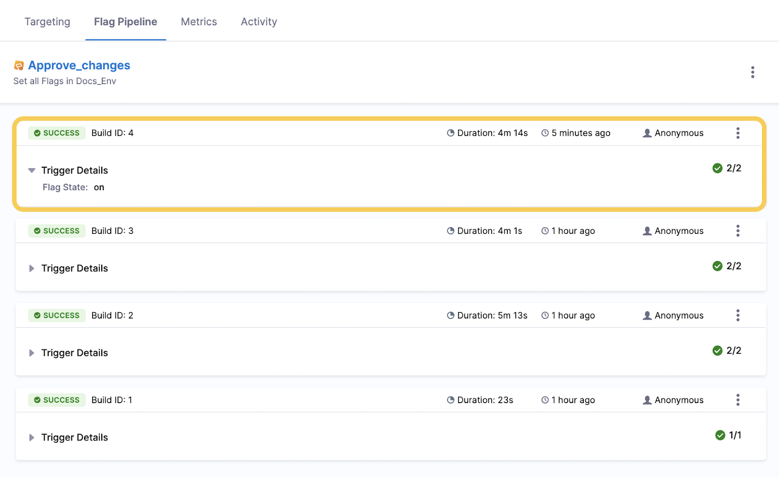 An entry in the Flag Pipeline tab with a success tag to show the pipeline ran successfully.